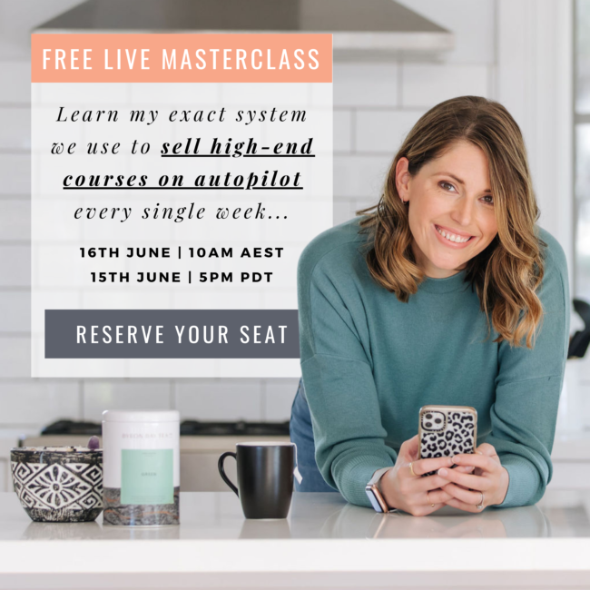 An image of Kate with the text reading: FREE LIVE MASTERCLASS. Learn my exact system we use to sell high end courses on autopilot every single week... 16th June 10AM AEST 15th june 5pm PDT Reserve your seat at hellofunnels.co/27